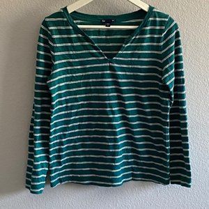 Gap Teal Striped Long Sleeve Tee w/ Split V Neck